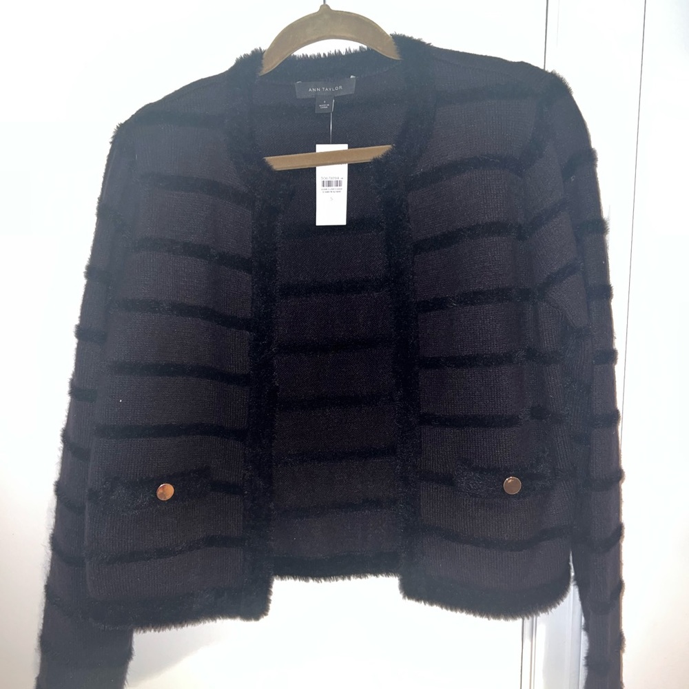 Ann Taylor Fuzzy Striped Black Cardigan - Small - NEW